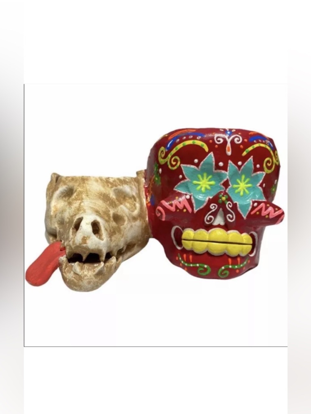 Vintage Signed L Bacerra Talavera Double Planter Day Of The Dead Skull Alebrije